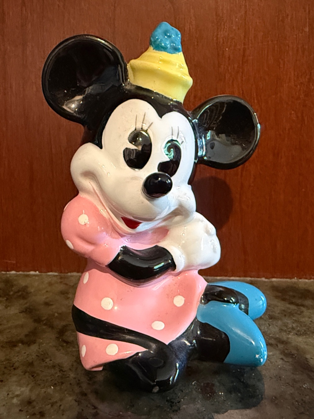 Disney Vintage Minnie Mouse Pink Black Blue Yellow Ceramic Figurine
